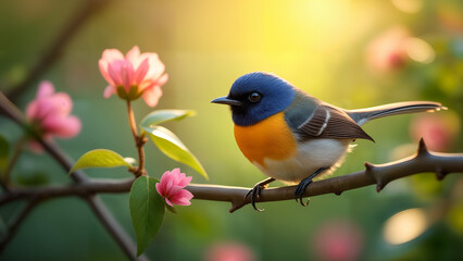 Obraz premium Splendid Fairywren Among Colorful Flowers
