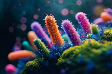 Fototapeta premium Colorful abstract formations resembling underwater coral in vibrant hues against a dark background