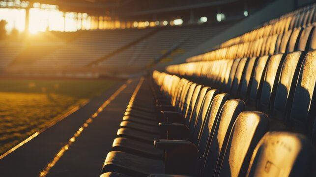 Sunset over empty stadium seats sports arena evening ambiance close-up view tranquility and anticipation