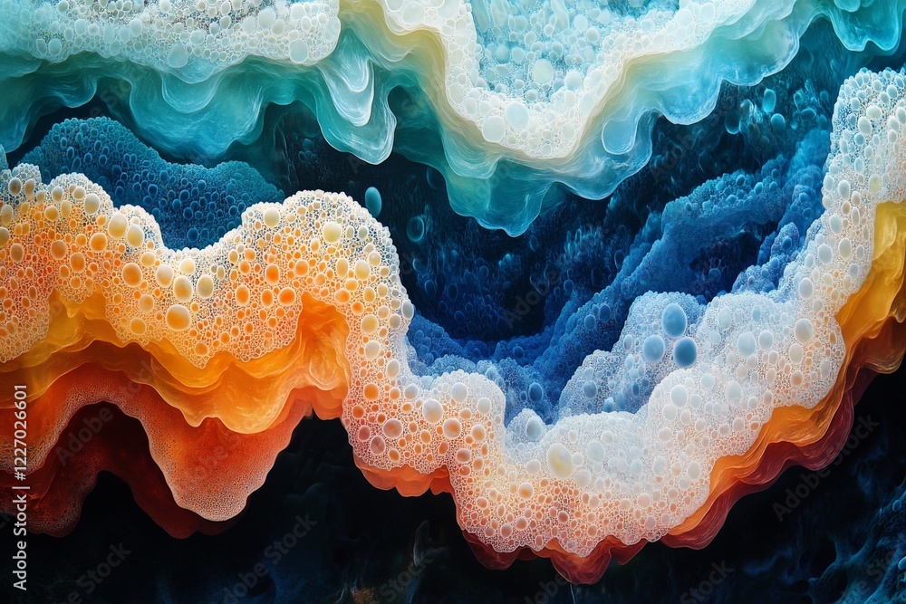 Poster Colorful abstract artwork features fluid patterns and bubbles, creating a vibrant ocean-like appearance