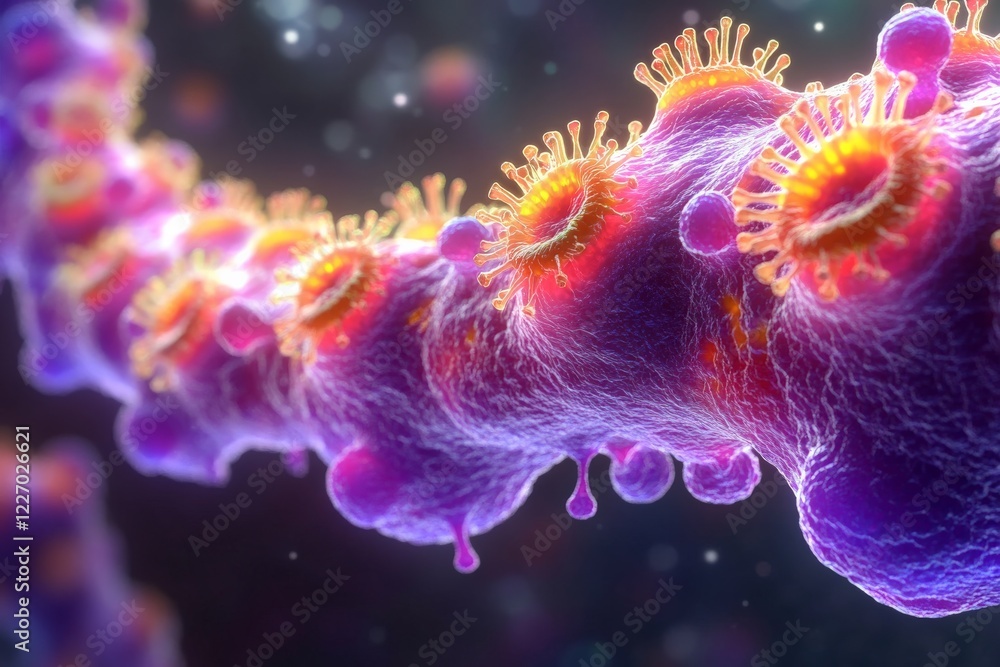 Poster detailed close-up of microscopic cells exhibiting vibrant colors and complex structures in a biologi