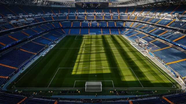 Exciting soccer match preparation santiago bernabeu stadium sports venue urban environment aerial view anticipation fans