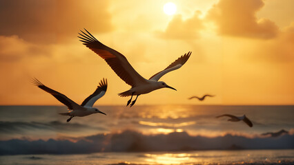 Naklejka premium Flock of Frigatebirds at Sunset