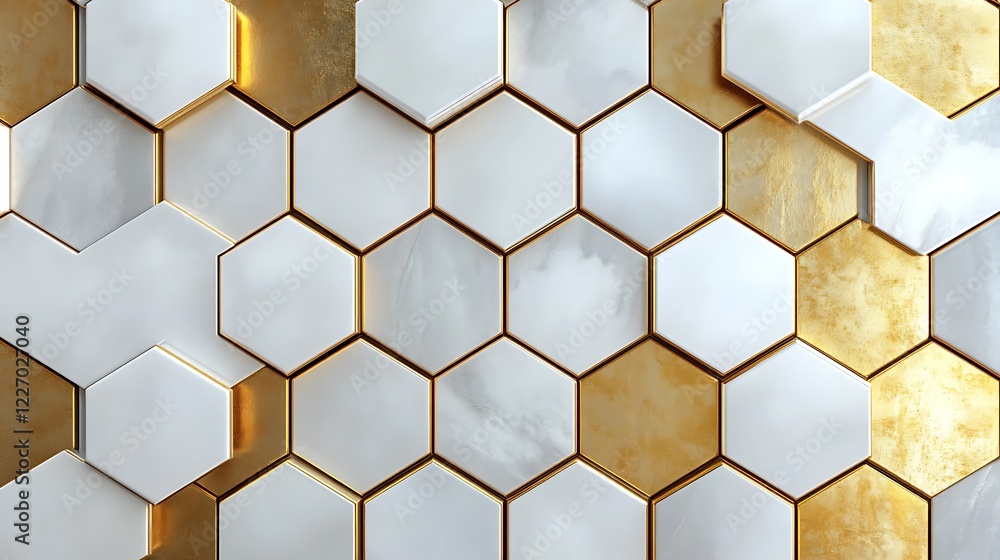 Poster 3d white and gold color hexagon tiles pattern shape background