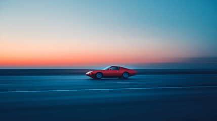 Red sports car speeding along a highway at sunset, creating a sense of freedom, speed, and adventure, with the horizon ablaze in a colorful gradient