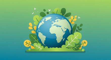 Green Earth Day Illustration with Plants and Birds