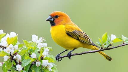Obraz premium Yellow bird perched on flowering branch, spring garden background, nature photography, ideal for wildlife websites