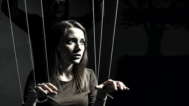Woman, puppet and manipulation with control, victim and fear for abuse, power or oppression. Person, strings and dark with stress, anxiety or emotional manipulation concept