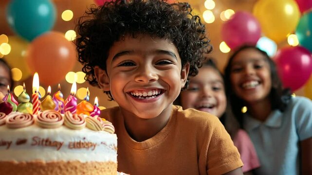 Joyful birthday celebration with balloons, cake, and cheerful children, perfect for family-themed content.