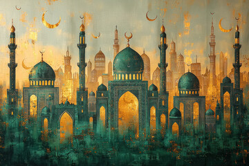 Islamic city skyline at sunset with crescent moons, ideal for Ramadan or Eid greetings
