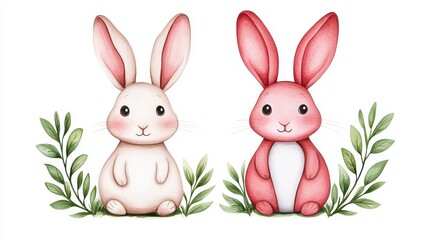 Fototapeta premium Cute Cartoon Rabbits with Leafy Surrounding for Spring Themes