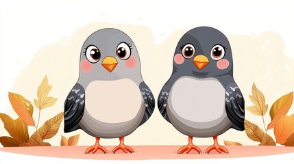 Obraz premium Cute Cartoon Birds with Leaf Background for Fun Illustrations