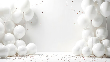 Total white festive room mockup scene with a blank space for text, minimalistic party style with white balloons and golden confetti, elegant Surprise holiday concept, studio light
