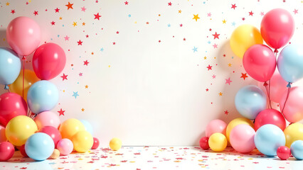 Festive pastel room scene mockup for baby with colorful balloons and stars shape confetti, magic atmosphere for product presentation or congratulations, white wall background with blank space for text