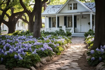 Fototapeta premium Charming walkway lined with blooming flowers leads to a quaint cottage retreat. Generative AI