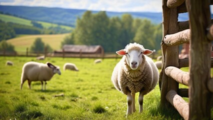 Obraz premium fluffy sheep Grazing in a Meadow on a Summer Sunny Day: Illustration for National Farm Animals Day