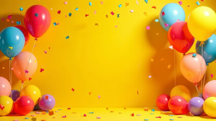 Festive mockup with a blank space for text, celebration empty room concept of birthday party atmosphere with colorful balloons and confetti for product presentation, bright yellow wall on background