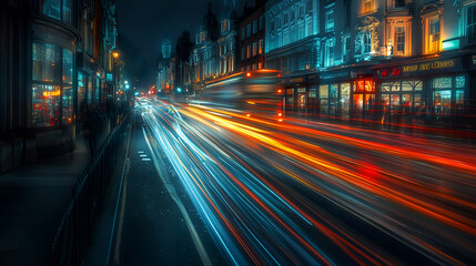 Fototapeta premium Night cityscape with vibrant light trails from moving vehicles, capturing the energy and dynamism of city life at night