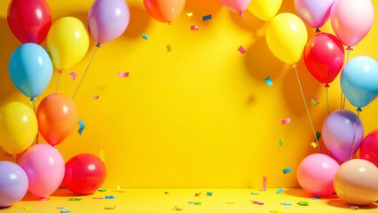 Birthday party empty room concept mockup with a blank space for text and framed by colorful balloons and confetti for adding promotional messages or event invitations, bright yellow wall on background