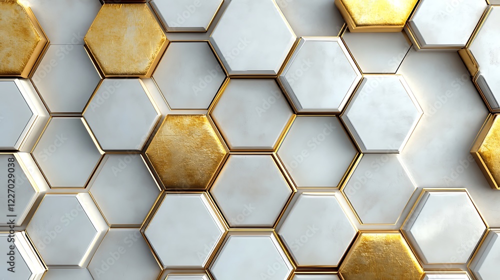 Poster 3d white and gold color hexagon tiles pattern shape background