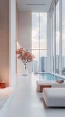 Spacious spa area features a serene atmosphere with elegant furniture and a beautiful city view through large windows