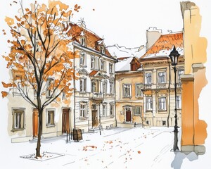 Fototapeta premium Autumnal Street Scene with Old European Buildings and a Tree