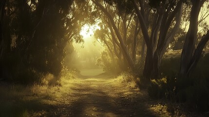 Naklejka premium Golden sunlight illuminates a tranquil forest path, evoking peace and natural harmony.