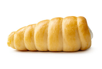 Side view of one puff pastry cream horn isolated on white background with clipping path