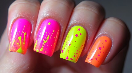 Obraz premium Neon nail polish splashes in hot pink, bright orange, and electric yellow. picture