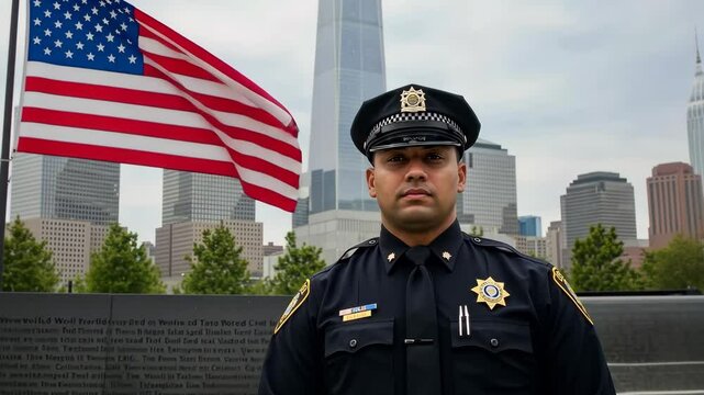 Hispanic police officer and portrait with American flag, city and job with public service. Uniform, man and authority with security, protection or law enforcement at 911 memorial