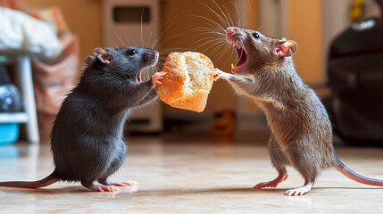 Obraz premium Two rats fighting over a piece of bread.
