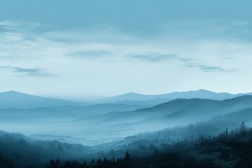 Obraz premium Mystical blue mountains shrouded in morning mist under a serene sky. Generative AI