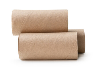 Side view of tissue paper cores or toilet paper tubes in stack isolated on white background with clipping path