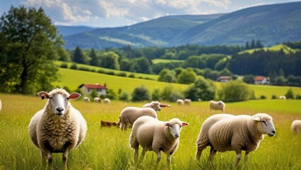Fototapeta premium fluffy sheep Grazing in a Meadow on a Summer Sunny Day: Illustration for National Farm Animals Day