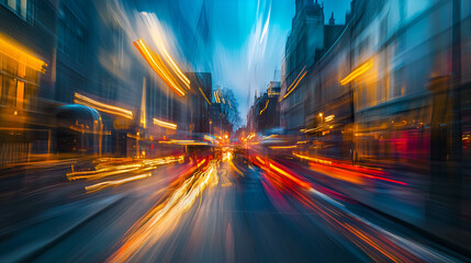 Dynamic city street at night, vibrant light trails and blurred motion conveying energy and speed, urban dynamism and modern life