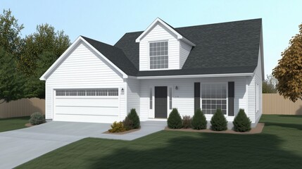 Fototapeta premium This modern house features a clean design with a gabled roof, well-maintained lawn, and a welcoming front entrance