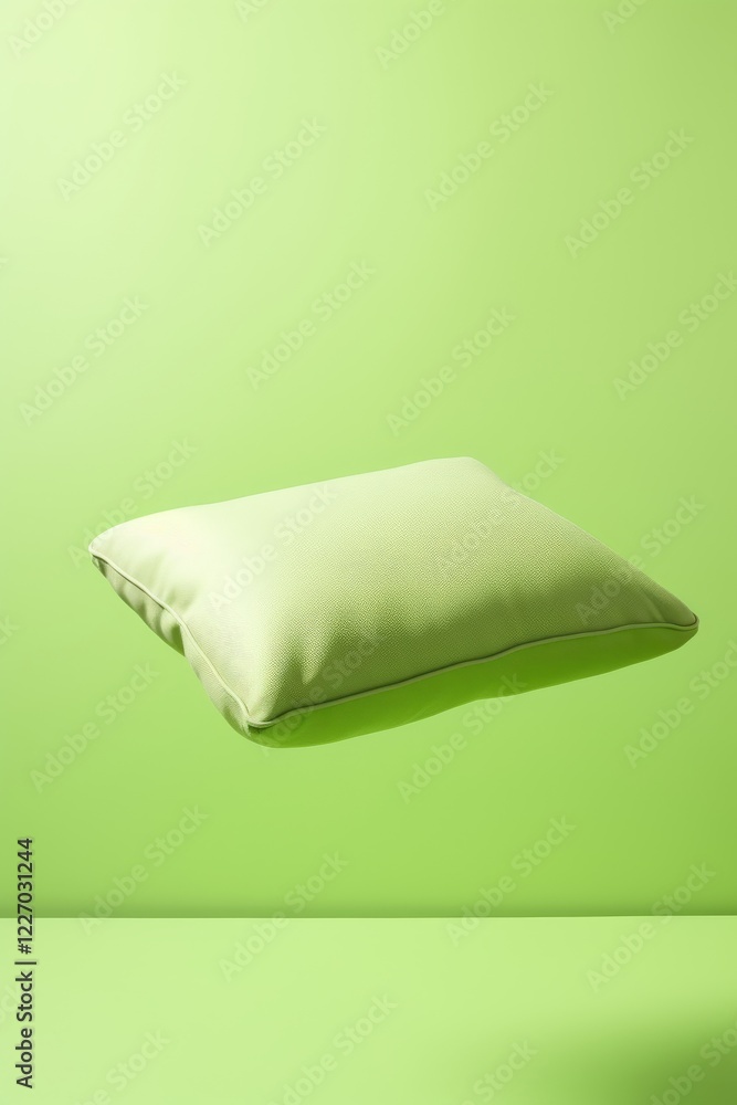 Poster floating green pillow against a vibrant green backdrop in a minimalist setting. generative ai