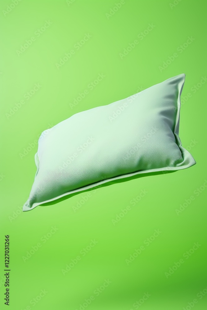 Poster soft green pillow floating against a vibrant backdrop in a minimalist setting. generative ai