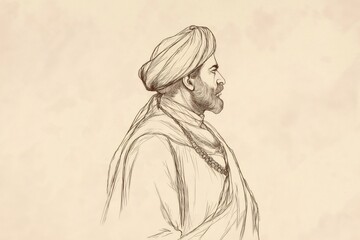 Fototapeta premium Minimalist sketch representing the profile of an Indian man wearing traditional clothing and a turban, showcasing cultural heritage through art