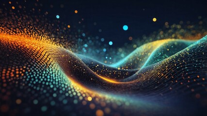 Obraz premium Visual representation of vibrant wave patterns with colorful particles illuminated against a dark background