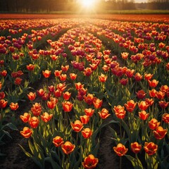 A field of tulips, the bright petals glowing under the golden hour sun.