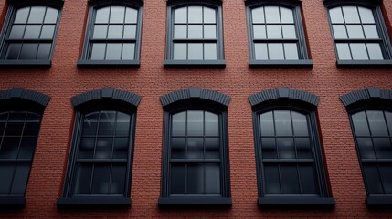 Fototapeta premium Red brick building facade, city windows, urban architecture, low angle view, architectural design