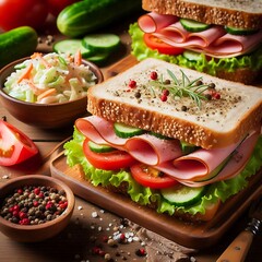 Homemade sanwich with ham, cheese, tomatos and lattuce