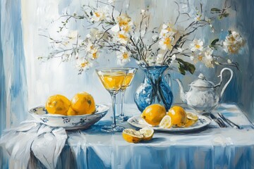 Bright still life paint featuring lemons, floral arrangement, and glassware on a blue table