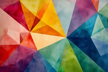 Painting of  colorful abstract geometric artwork with vibrant triangles in various hues creating a captivating visual experience