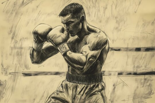 Powerful pen and ink sketch of a muscular boxer throwing a punch during a boxing match, showing strength and determination