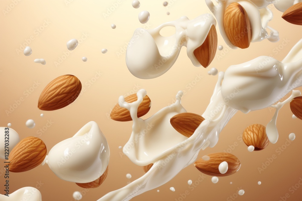Poster milk and almonds create a delightful splash in a creamy composition. generative ai