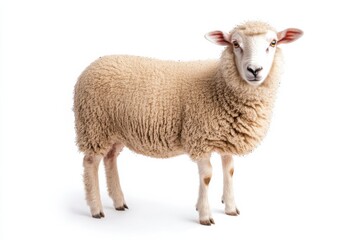 Fototapeta premium A fluffy sheep stands against a white background.
