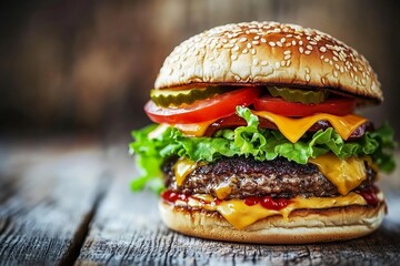 Juicy burger with cheese, lettuce, tomatoes, and pickles on a rustic wooden table