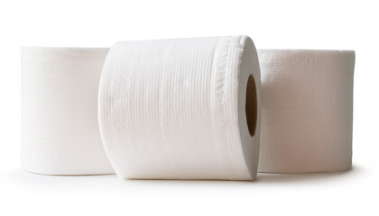 Side view of three rolls of white tissue paper in stack isolated on white background with clipping path